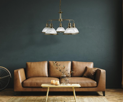 Hanglamp Bistro 5Lt - Antique Brass Metal & Acid Glass