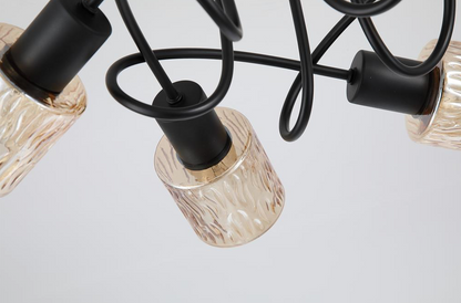 Plafondlamp Knot 5Lt - Black Metal with Amber Glass Shade