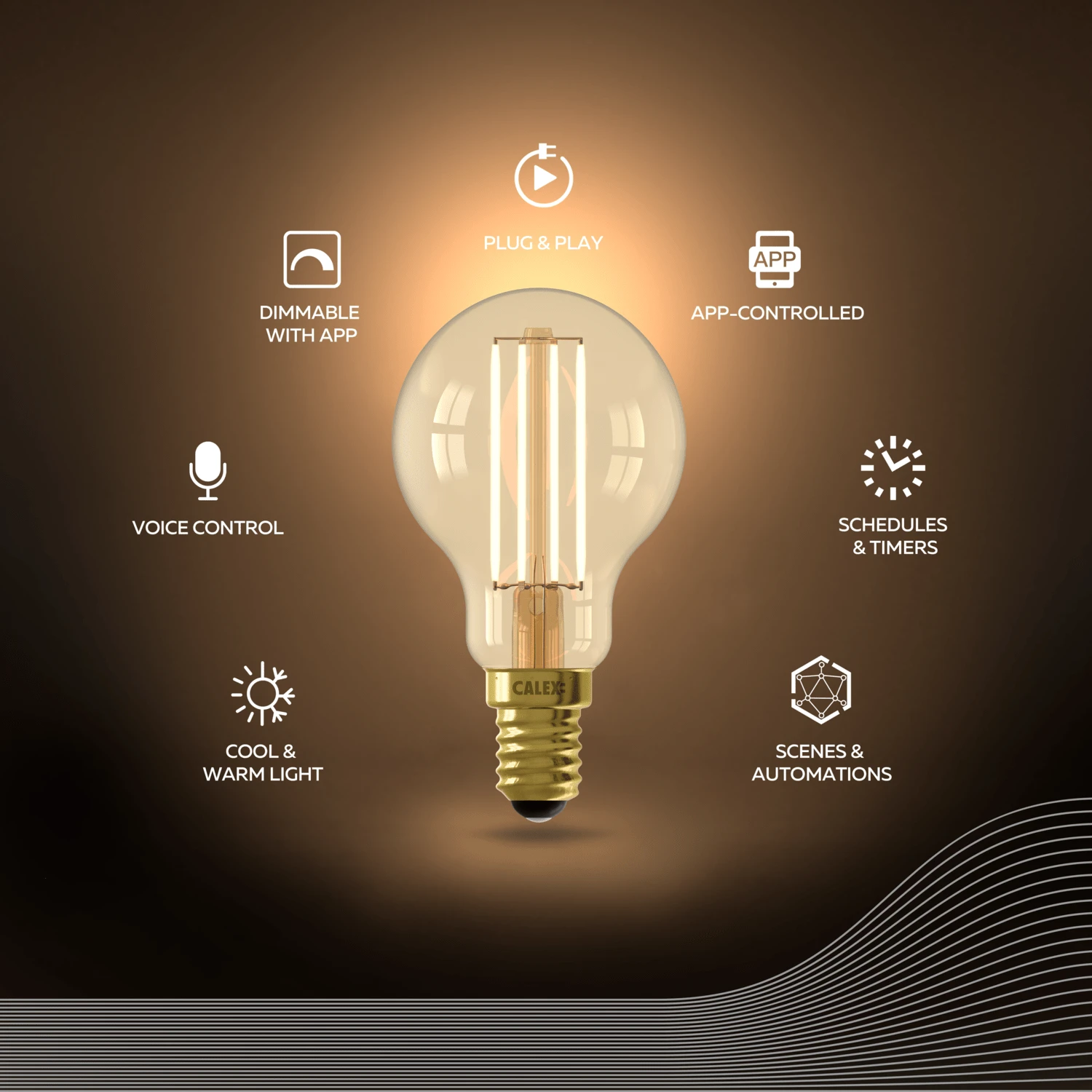 Gouden Calex slimme LED filamentlamp met E14 fitting en P45 balvorm, energiezuinig en modern design op afbeelding