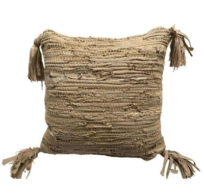 Kussen recycled leer dubbelzijdig Beige kwast by Rocaflor