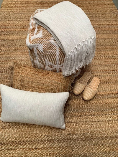 Poef Naturel Jute Witte Chenille - 40x40 by Rocaflor