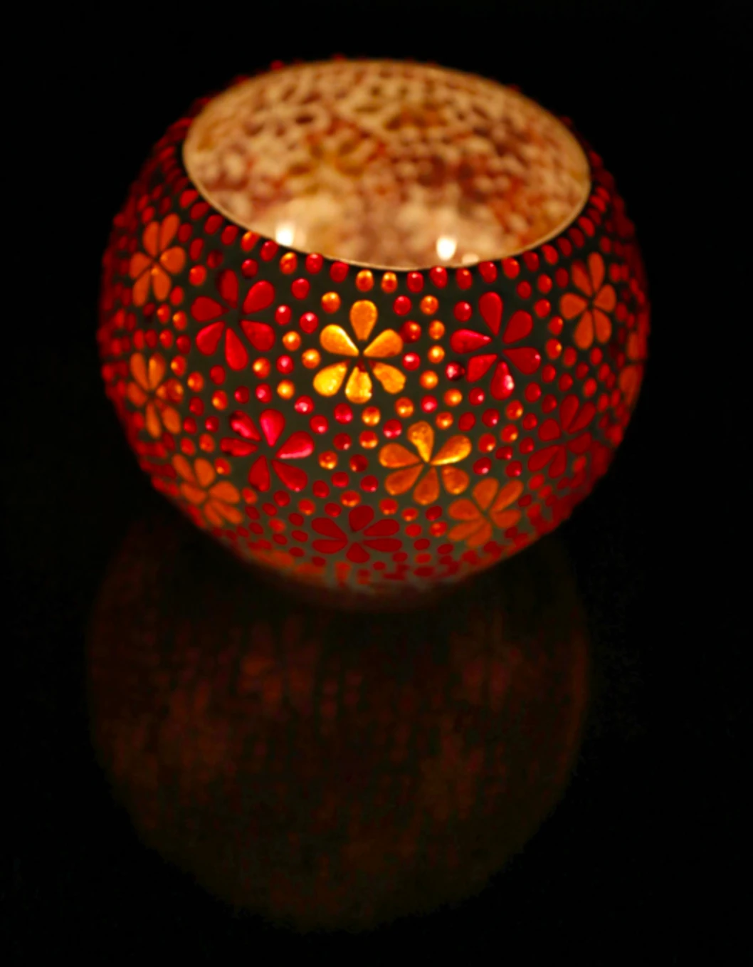 Waxinehouder mozaïek bol Hudat rood-oranje in 2 maten by Orientaals