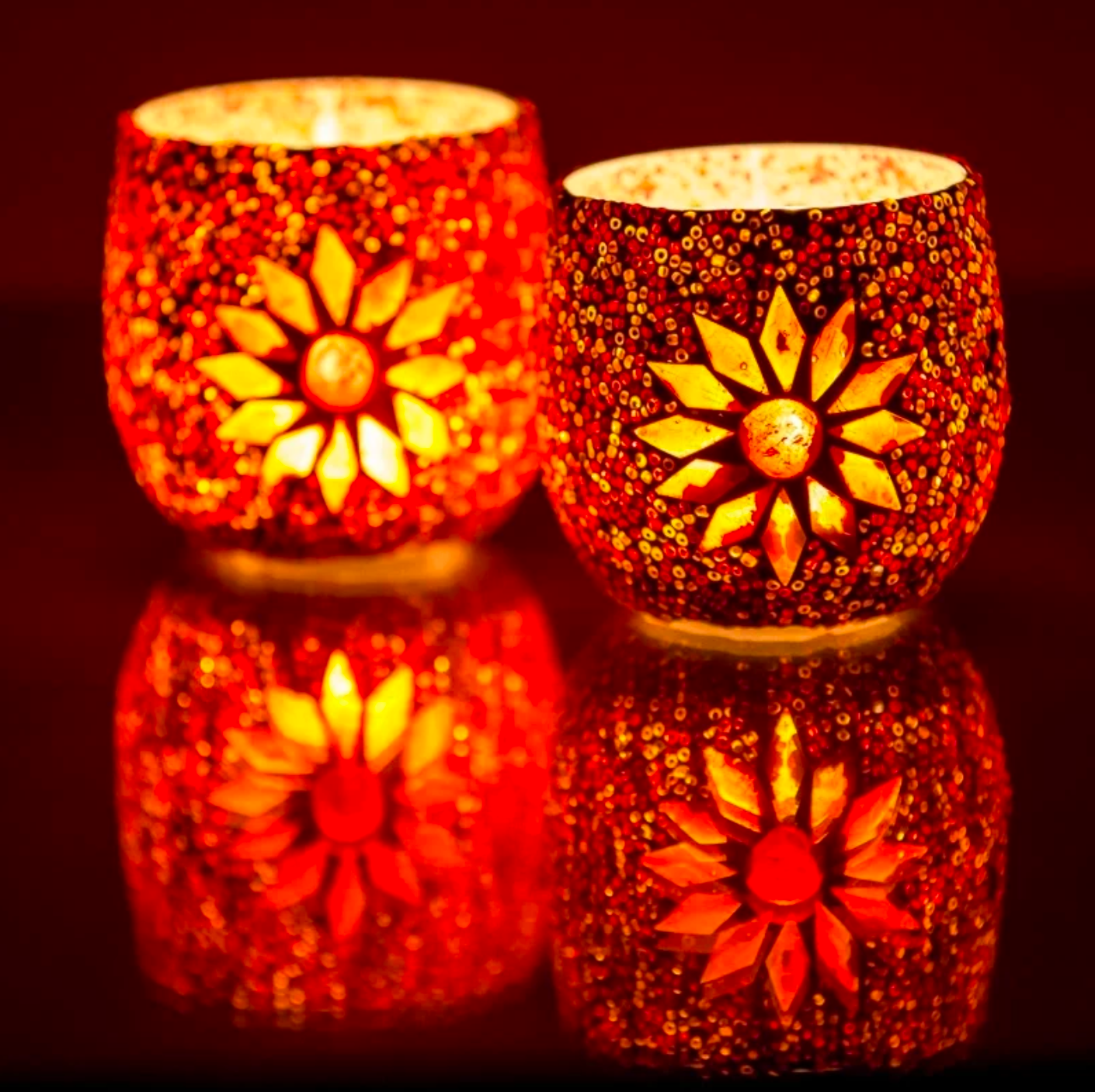 Waxinehouder mozaïek bol Rima rood-oranje in 2 maten - depauwwonen