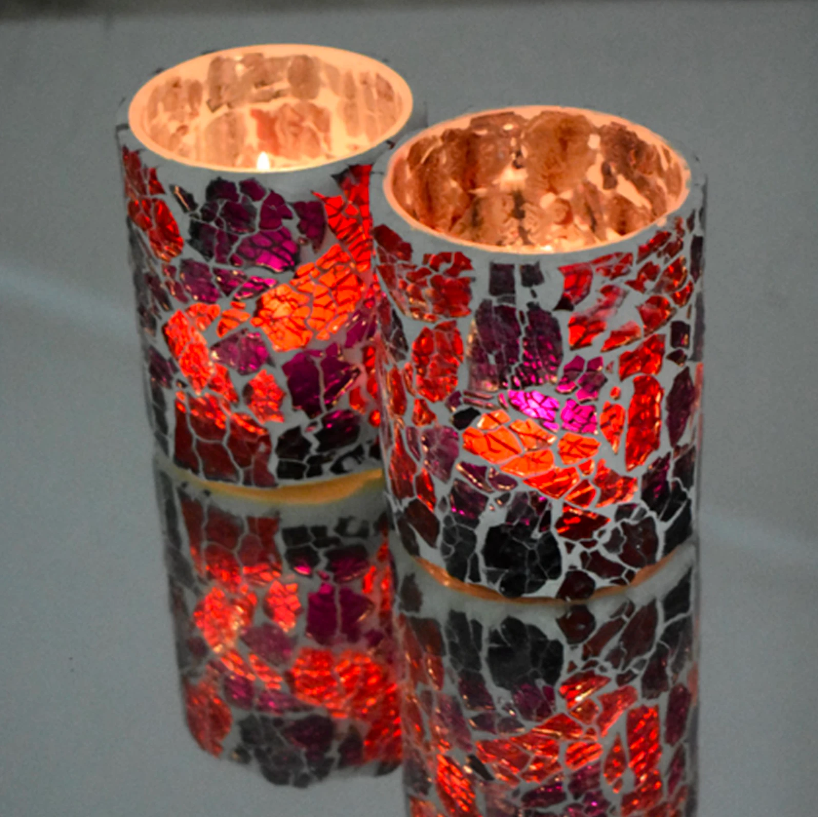 Waxinehouder mozaiek cilinder - Crackled glass - rood/paars by Orientaals