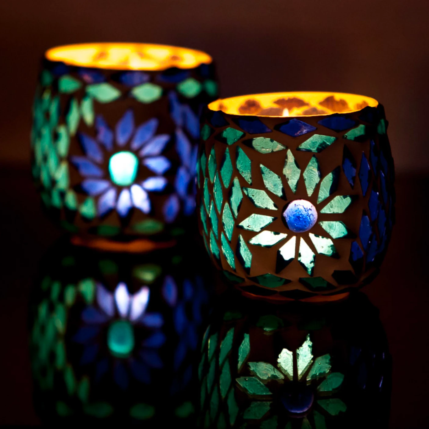 Waxinehouder mozaïek bol Roya blauw in 2 maten by Orientaals