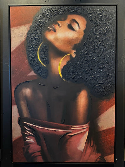 Zwart rechthoekig schilderij met vrouw, Janicia van PTMD, wanddecoratie met moderne kunststijl.