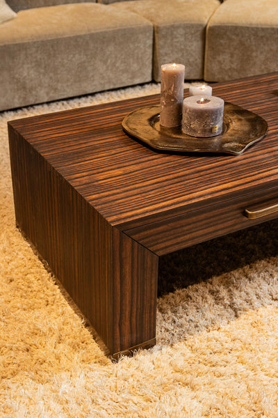 Bruine houtfineer salontafel met twee lades van PTMD, modern design en natuurlijke houtafwerking.