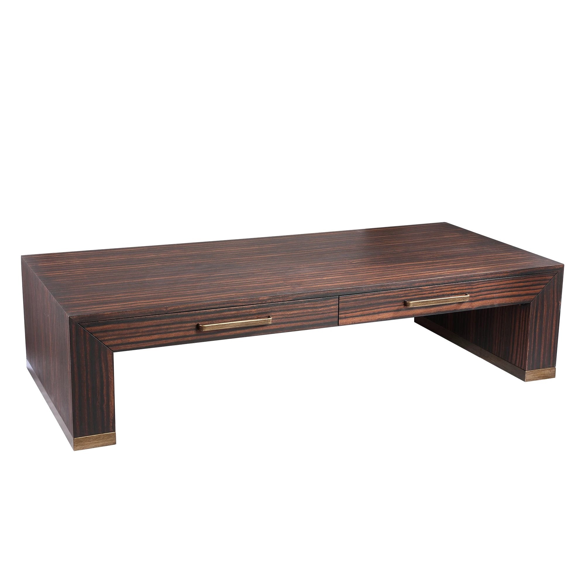 Bruine houtfineer salontafel van PTMD met twee laden en strak design, geschikt voor stijlvolle woonkamerinterieurs.