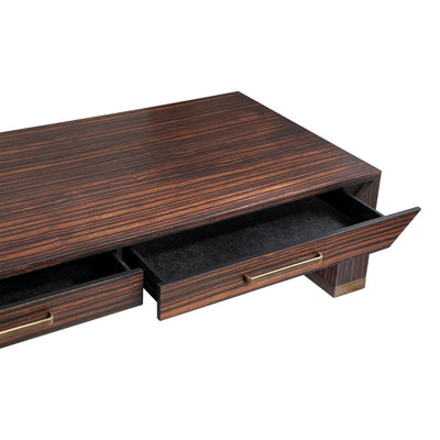 Bruine houtfineer salontafel van PTMD met twee laden, modern ontwerp, zichtbaar met gladde afwerking en houten textuur.
