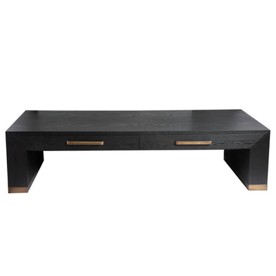 Zwarte houtfineer salontafel met twee laden van PTMD, modern ontwerp, zichtbaar met gladde afwerking en houten textuur.
