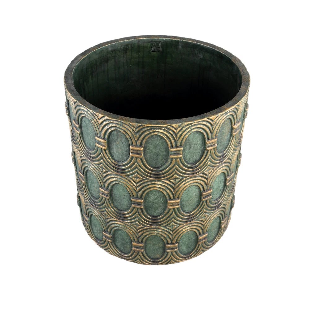 Kamilla Groene cementen ronde pot goud art deco groot L by PTMD