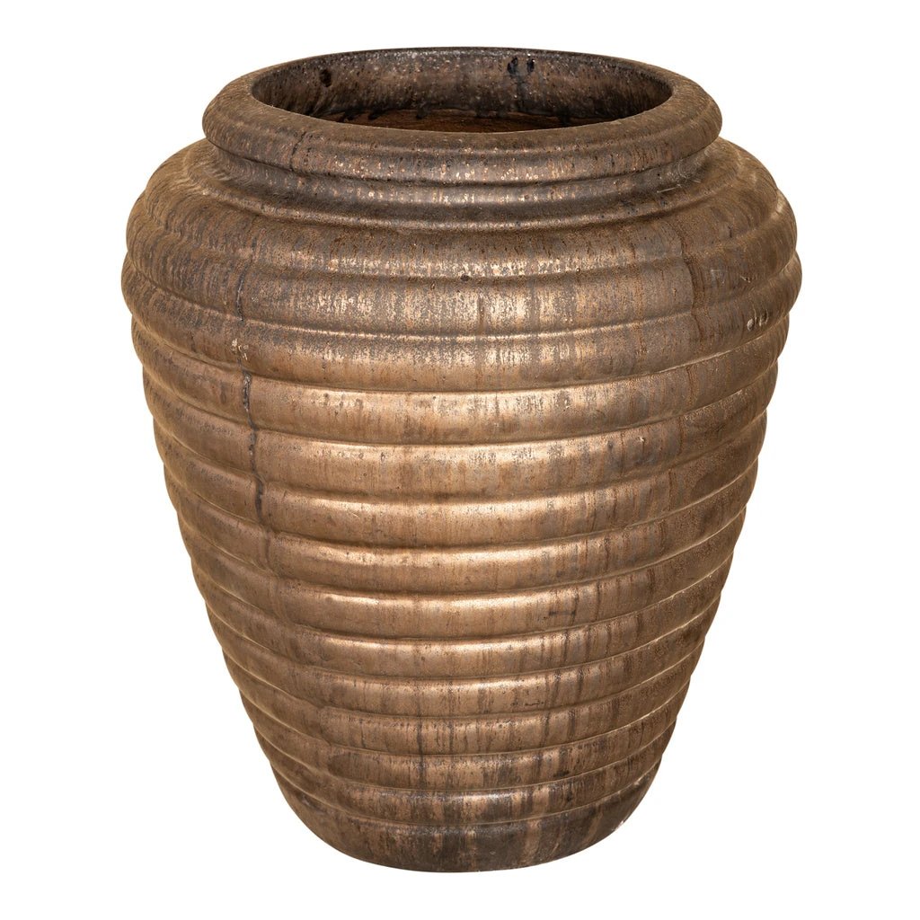 Jerzy Bronzen keramische pot geribbeld rond gevormd Klein by PTMD