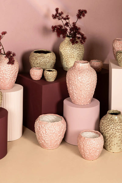 Avis Roze keramische pot rond gevormde schalen hoog L by PTMD