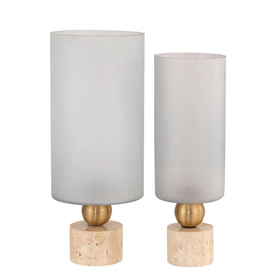 Levee Windlicht L – Wit Glas & Travertin Voet by PTMD