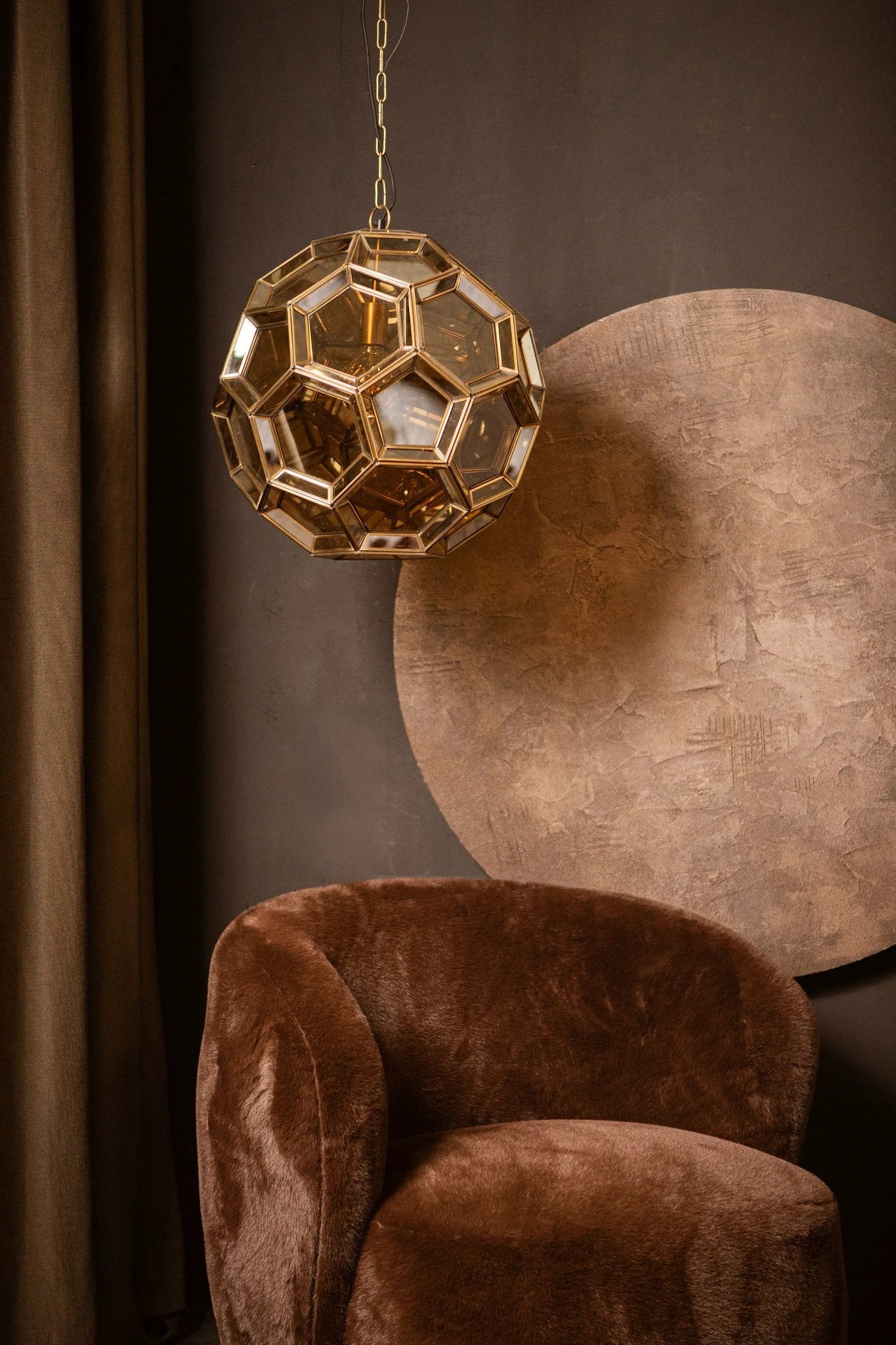 Thyro Antiek Messing Glas Amber Bal Lamp by PTMD