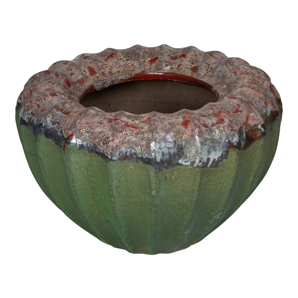 Jinah Groene keramische pot biologisch geribbeld rond L - depauwwonen