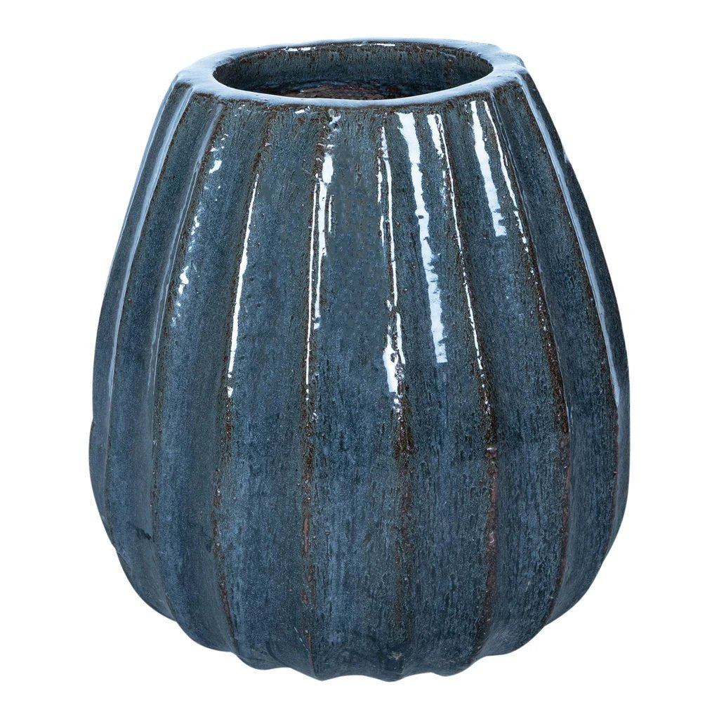 Lionne Blauwe keramische pot geribbelde bol rond S by PTMD