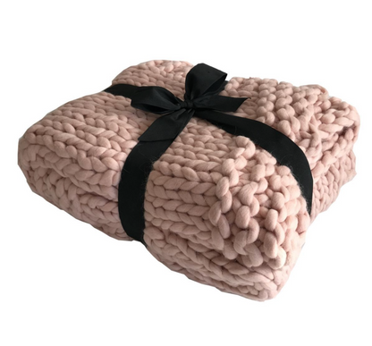 Plaid grof gebreid 100% wol roze - depauwwonen