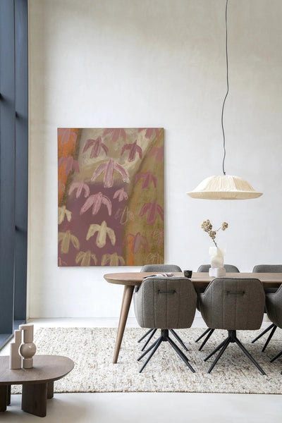 Moderne wanddecoratie van Urban Cotton met kunstprint, glasart en wandkleed met vogelzicht design, kleurrijk en abstract.