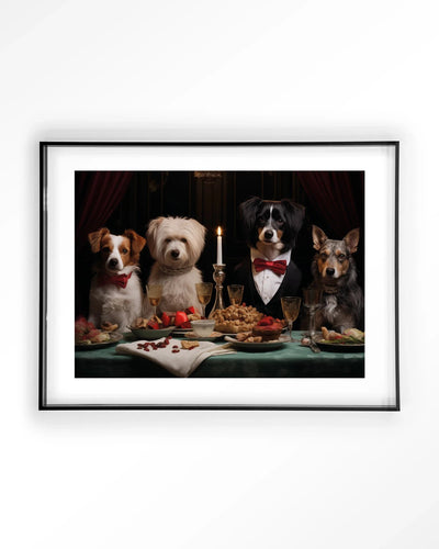 Moderne hondenkunstprint "Dog Dinner" van Urban Cotton, ingelijst in zwart, geschikt als wanddecoratie of kunstwerk.