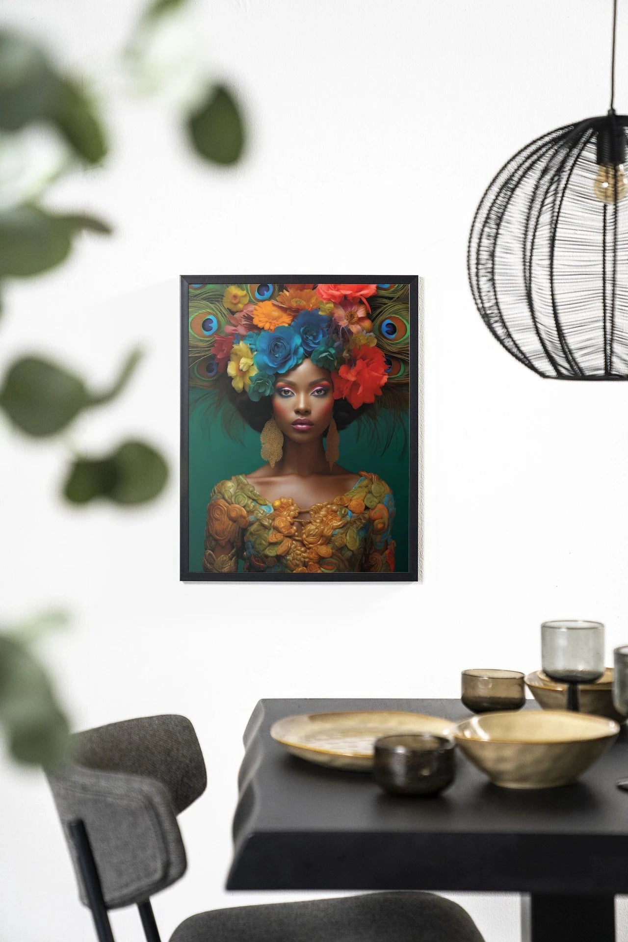 Moderne kunstwerk van Urban Cotton met houten frame in zwart, wanddecoratie met artprint, glas en wandkleed, Adeola collectie