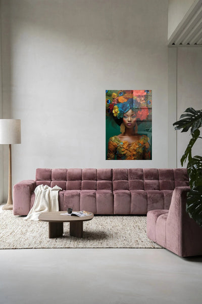 Moderne kunstwanddecoratie van Urban Cotton met glasart en wandkleed, kleurrijk en abstract design voor stijlvolle interieurversiering