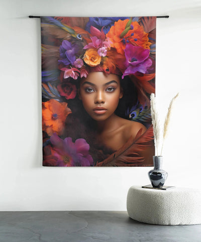 Moderne wanddecoratie van Urban Cotton met kleurrijk wandkleed en glasart, kunstwerk met ronde boogvorm en abstract ontwerp