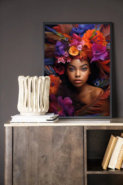 Moderne kunstwanddecoratie van Urban Cotton met houten lijst, zwart glas en wandkleed, onderdeel van de Adunbi collectie.