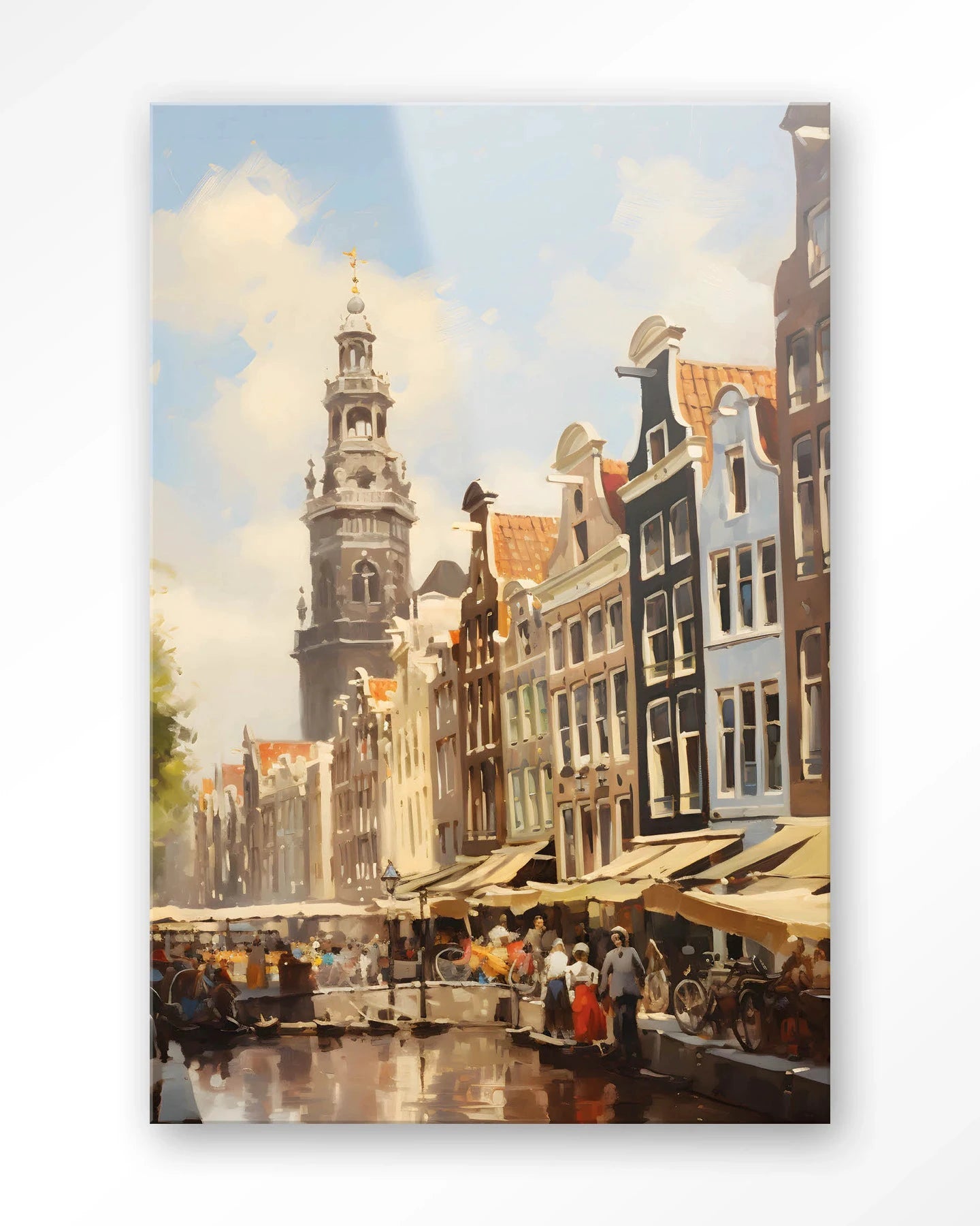 Moderne Amsterdam kunstprint en glazen wanddecoratie van Urban Cotton met stadsbeeld en abstracte details, geschikt voor muurdecoratie.