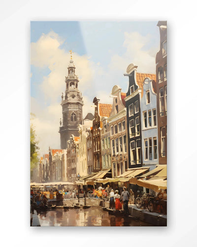 Moderne Amsterdam kunstprint en glazen wanddecoratie van Urban Cotton met stadsbeeld en abstracte details, geschikt voor muurdecoratie.