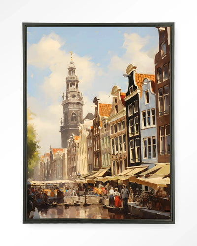 Amsterdam wandkleed met modern kunstprint en zwarte lijst, gemaakt door Urban Cotton, geschikt voor stijlvolle interieurdecoratie