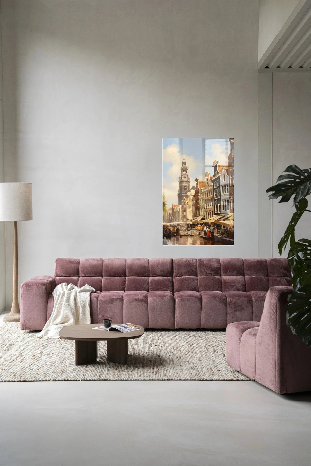 Moderne Amsterdam kunstprint met glas en wandkleed van Urban Cotton, kleurrijk en decoratief voor aan de muur.