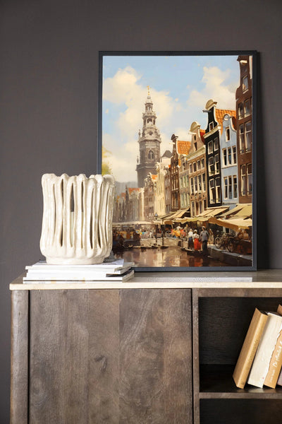 Moderne Amsterdam wanddecoratie met houten lijst en zwart frame, inclusief artprint, glas kunst en wandkleed van Urban Cotton