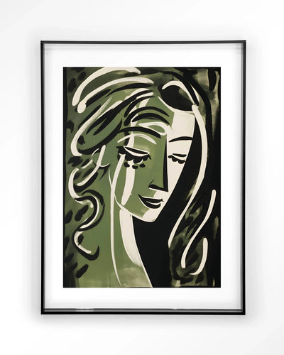 Moderne wanddecoratie met kunstprint van Aphrodite door Urban Cotton, inclusief acryl frame en zwart wandkleed.