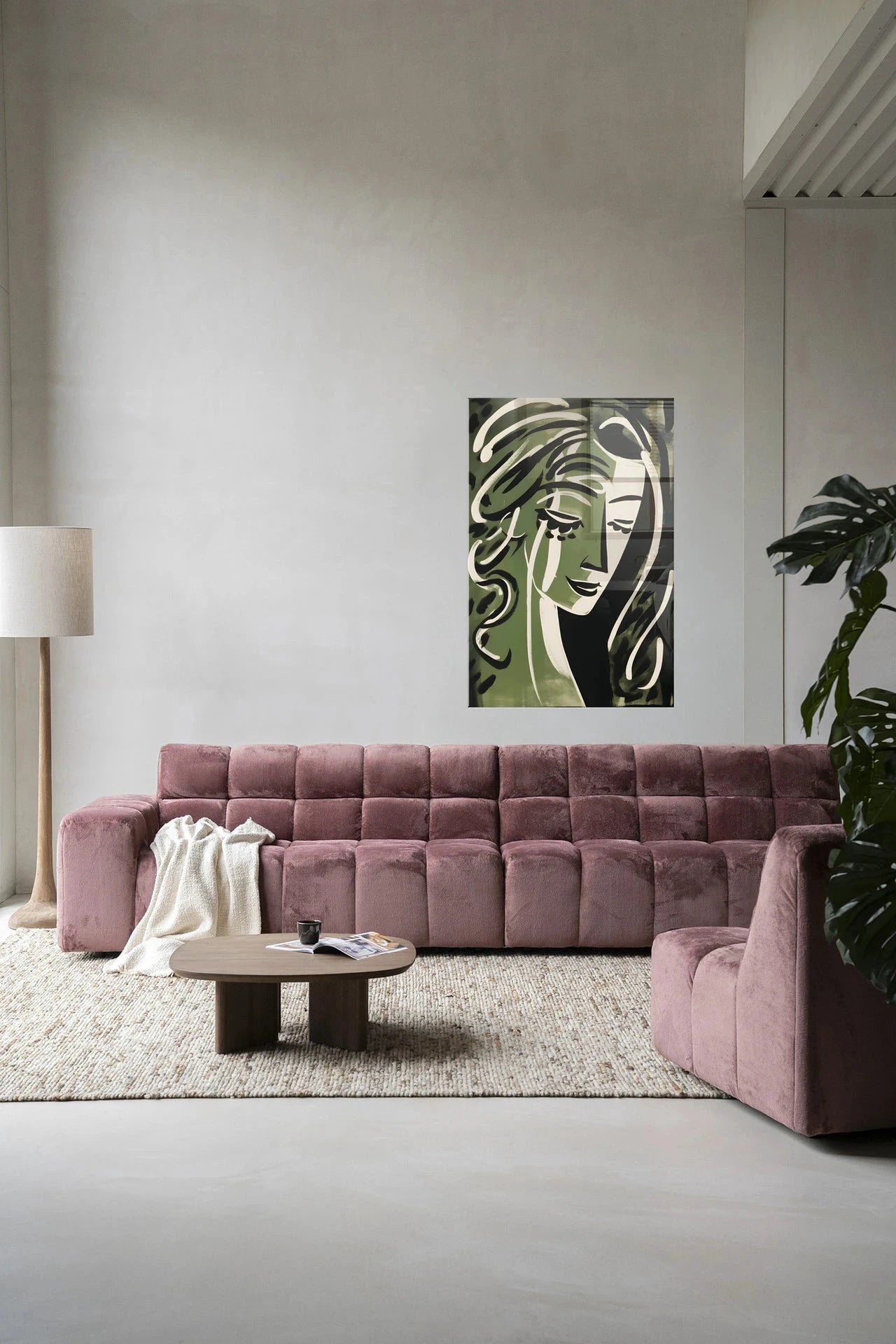 Moderne wanddecoratie van glas en textiel met Aphrodite kunstprint, kleurrijk en abstract, van Urban Cotton.