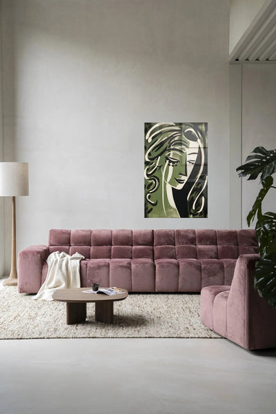 Moderne wanddecoratie van glas en textiel met Aphrodite kunstprint, kleurrijk en abstract, van Urban Cotton.