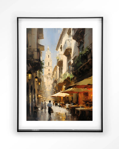 Moderne Barcelona kunstprint van Urban Cotton met acryl frame en zwart wandkleed voor stijlvolle muurdecoratie