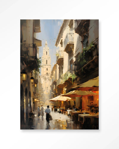 Moderne Barcelona wanddecoratie met kunstprint en glazen kunstwerk, perfect als wandkleed van Urban Cotton.