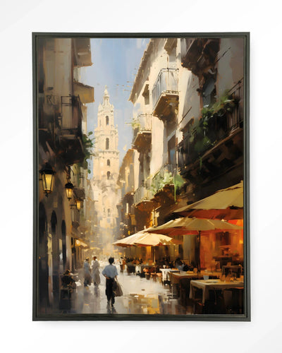Moderne Barcelona wandkleed met zwart lijst, kunstprint en glasart decoratie van Urban Cotton, voor een stijlvolle wandversiering
