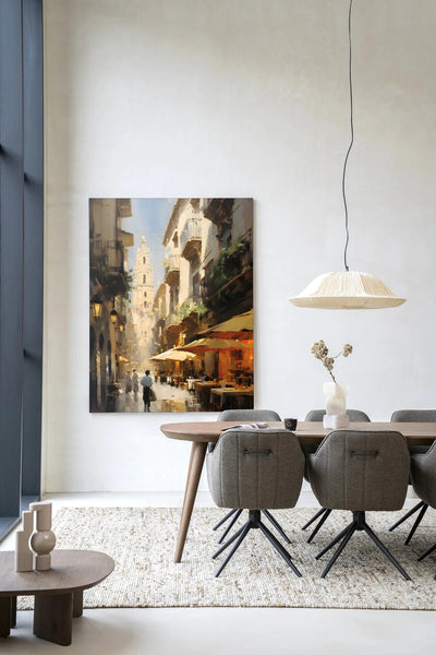 Moderne Barcelona wanddecoratie van Urban Cotton, inclusief kunstprint, glasart en wandkleed met stads- en architectuurelementen