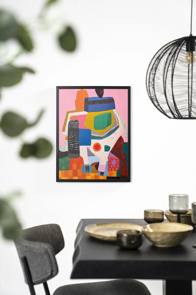 Moderne kunstprint "Battle of Colour" van Urban Cotton in zwart houten frame, geschikt als wanddecoratie en glas art.