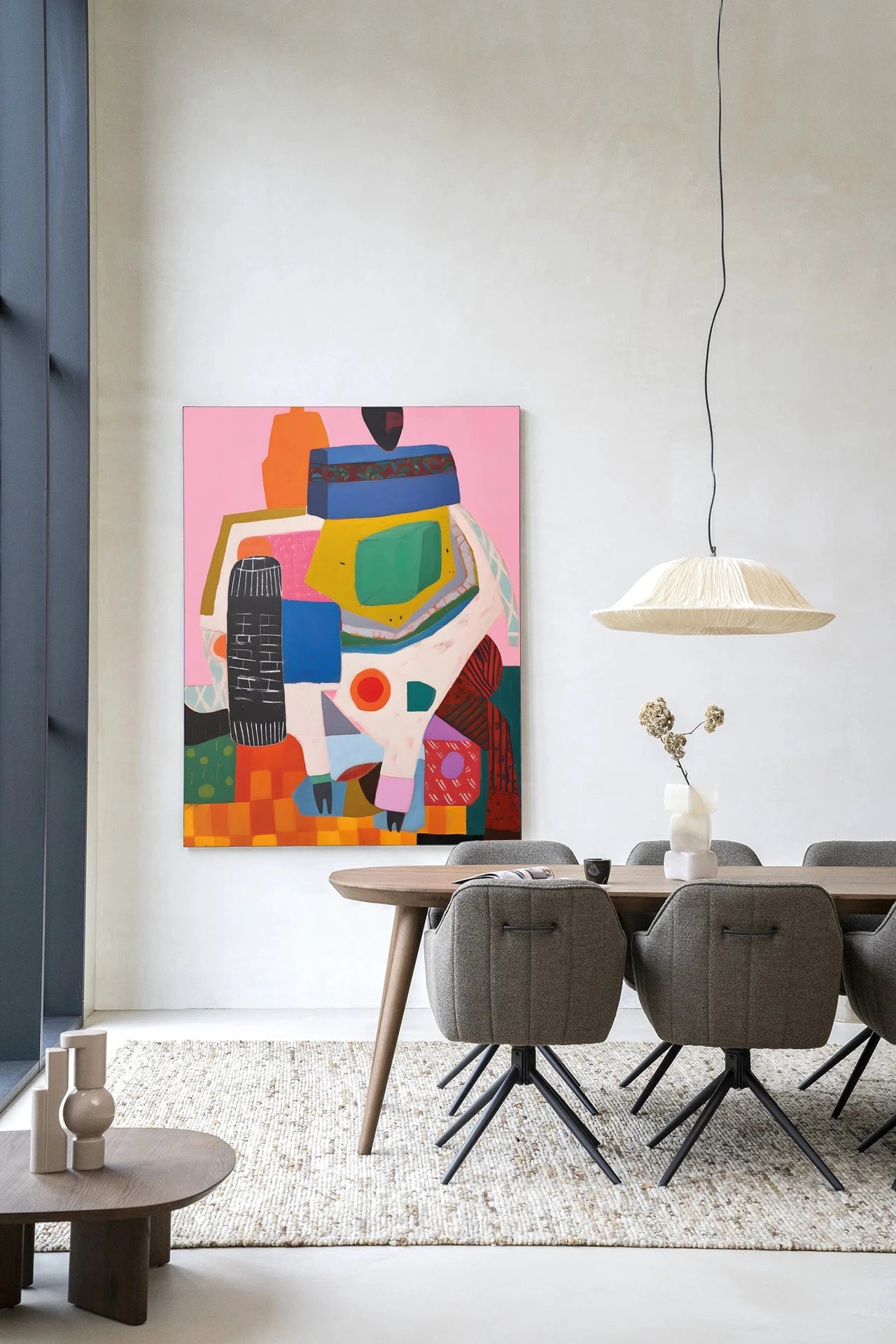 Moderne muurkunst van Urban Cotton met kleurrijk wandkleed en frame, kunstprint en glasart voor een opvallende interieurdecoratie