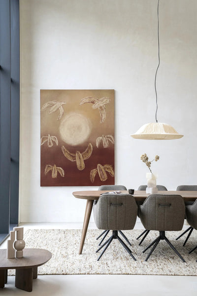 Moderne wanddecoratie met vogelkunst van Birds By Night, inclusief wandkleed en glasart van Urban Cotton, kleurrijk en stijlvol.