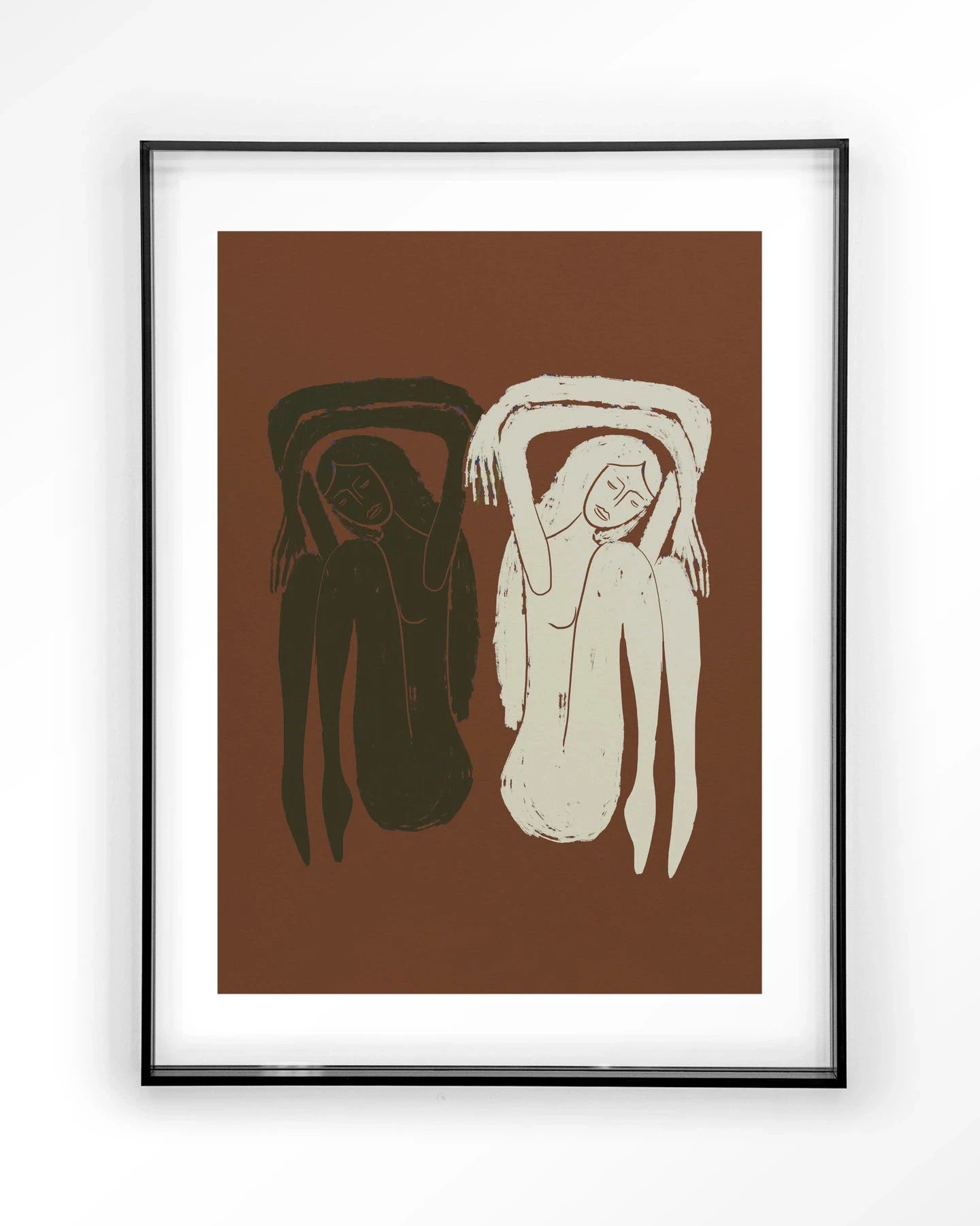 Modern kunstprint "Bound Together" van Urban Cotton, zwart acryl frame, kleurrijk glas en wandkleed als wanddecoratie.