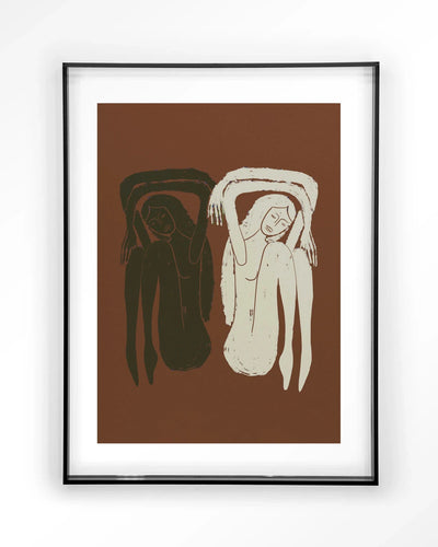 Modern kunstprint "Bound Together" van Urban Cotton, zwart acryl frame, kleurrijk glas en wandkleed als wanddecoratie.