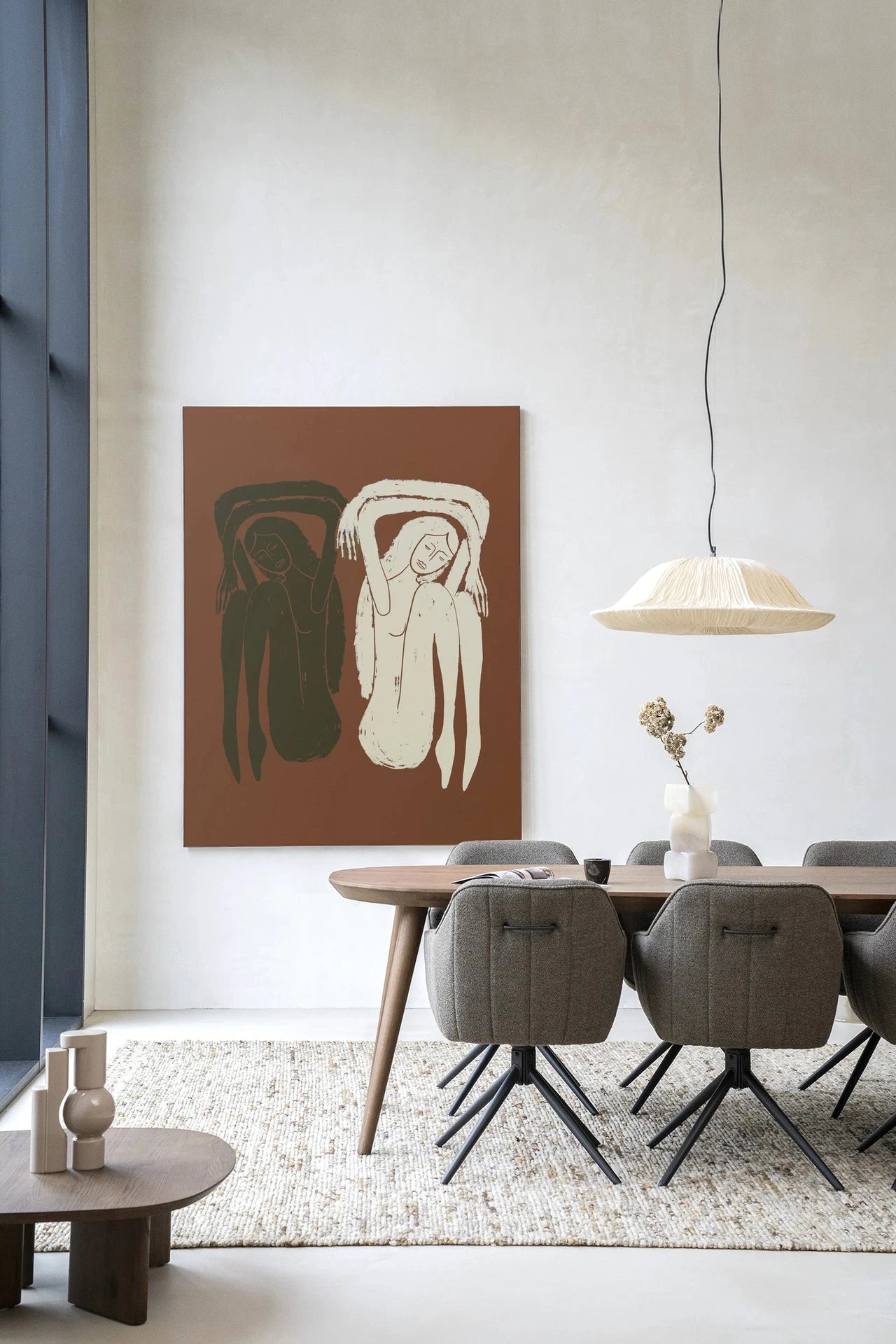 Moderne wanddecoratie van Urban Cotton, kunstprint en wandkleed met abstract ontwerp en glazen details, ideaal voor interieur.
