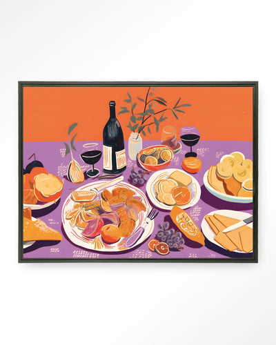 Moderne wanddecoratie van Urban Cotton met kunstprint van de Burgundian Table, inclusief glasart en wandkleed in zwart frame