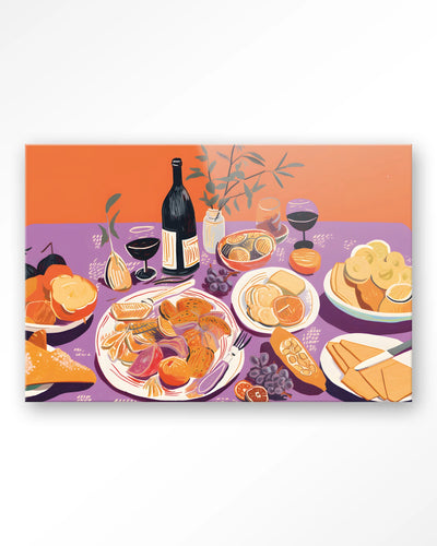 Moderne wanddecoratie kunst van Urban Cotton, glas art en wandkleed met afbeelding van een Bourgondische tafel.
