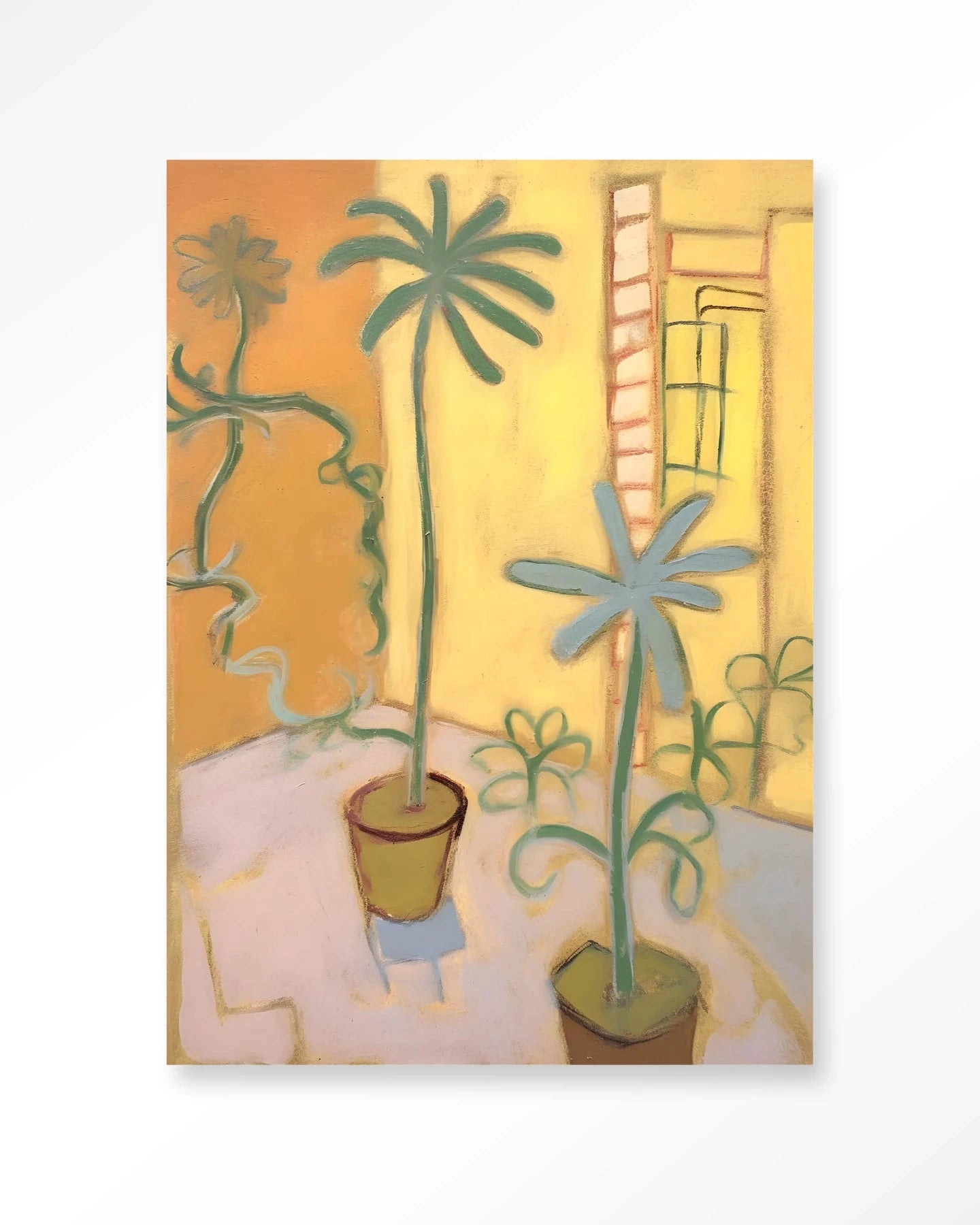 Moderne wanddecoratie van Urban Cotton met kunstprint, glasart en wandkleed met Cabo Verde thema, kleurrijk en decoratief.