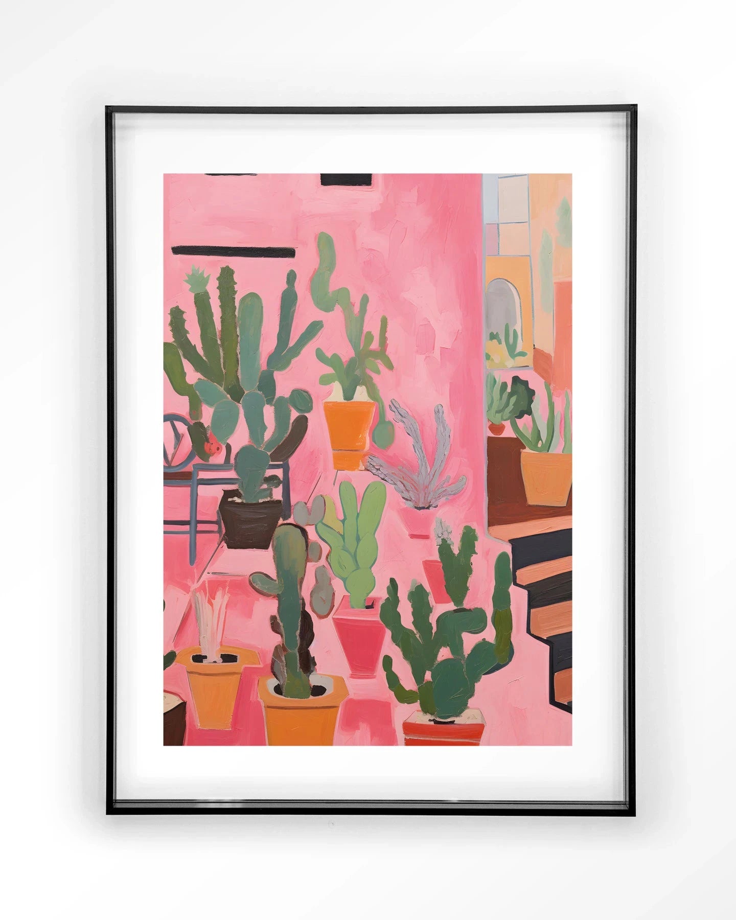 Moderne kunstprint van Urban Cotton met cactus ontwerp, ingelijst in zwart acryl, ideaal als wanddecoratie voor een stijlvolle ruimte